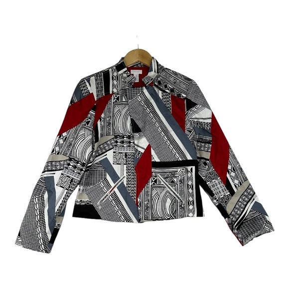 Chicos Blazer Jacket Womens Sz 1 Black Gray Ivory Red Artsy Abstract Zip Pockets - Picture 1 of 6